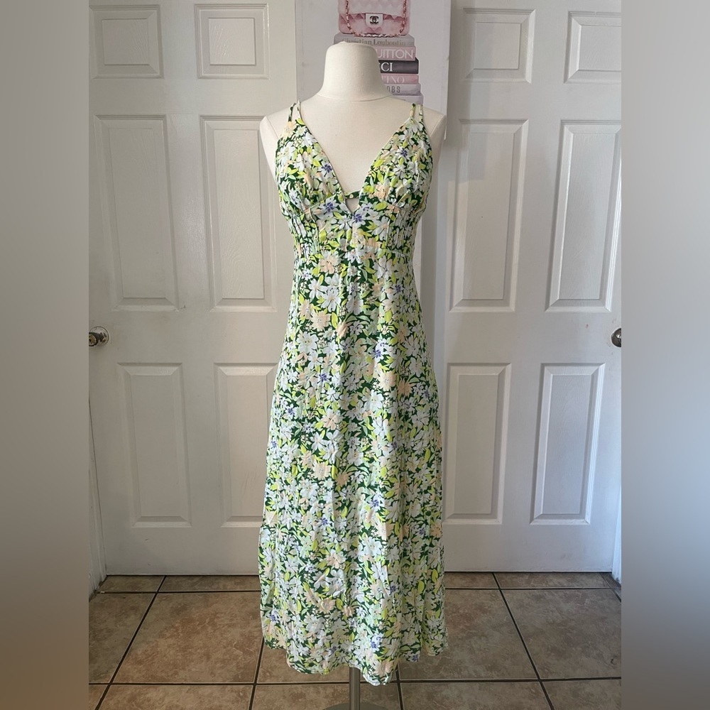 Urban Outfitters UO Dress First Sight Midi Floral Dress Spaghetti Straps Linen - Picture 5 of 11